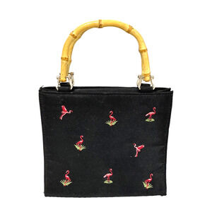 Vintage Pink Flamingo Evening Bag Purse Bamboo Double Top Handles Satin Novelty
